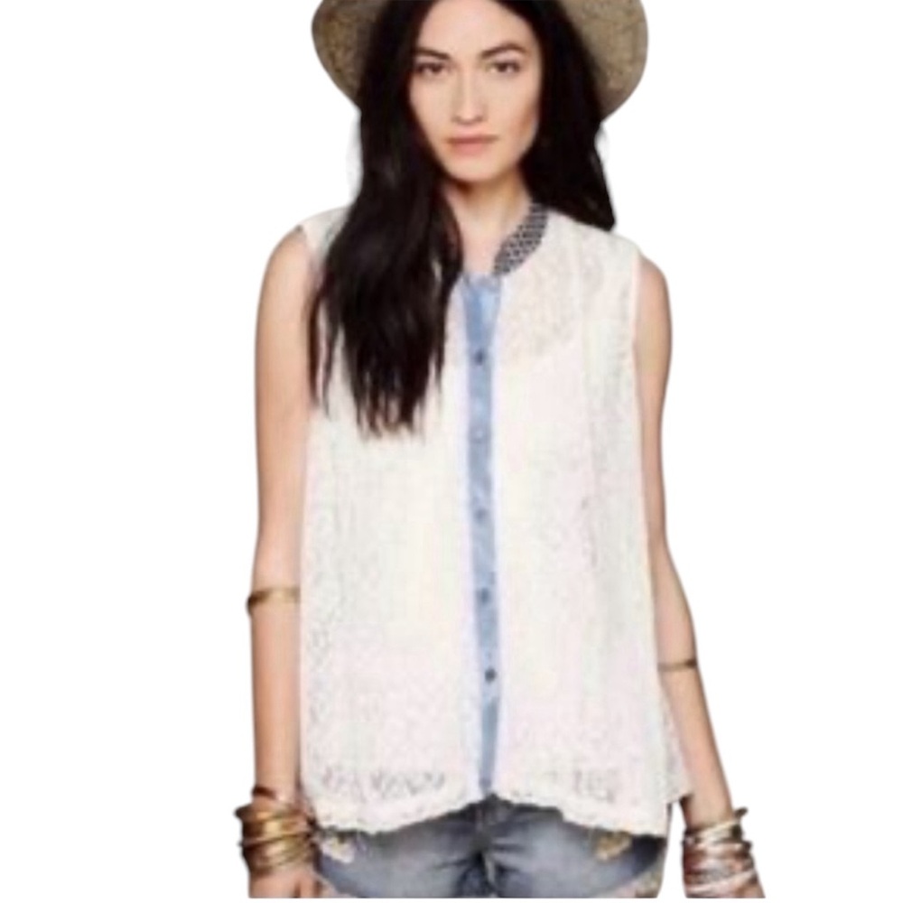 Free People Lace Blouse Sleeveless ButtonUp XS Western Country Southern Belle